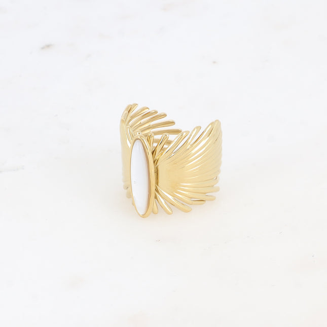 Bague large - feuilles de palmier et pierre naturelle allongée