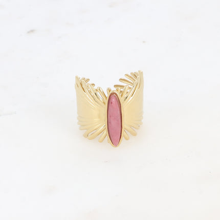 Bague large - feuilles de palmier et pierre naturelle allongée