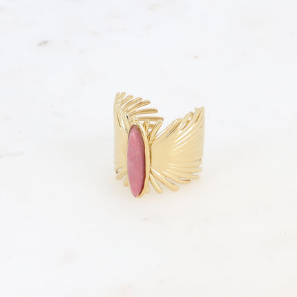 Bague large - feuilles de palmier et pierre naturelle allongée