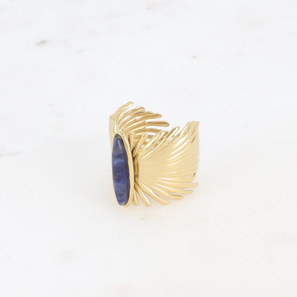 Bague large - feuilles de palmier et pierre naturelle allongée