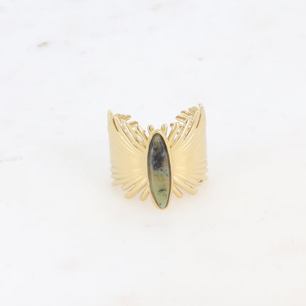 Bague large - feuilles de palmier et pierre naturelle allongée
