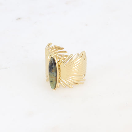 Bague large - feuilles de palmier et pierre naturelle allongée