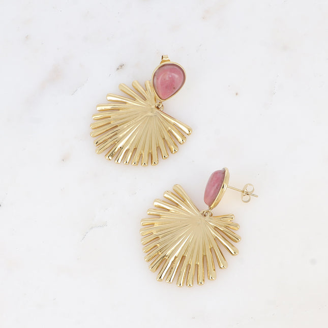 Boucles pendantes - pierre naturelle goutte et feuille de palmier