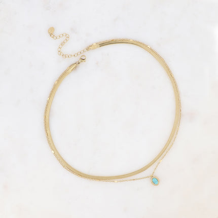 Collier - 2 rangs, maille miroir et forçat, pendentif pierre naturelle ovale