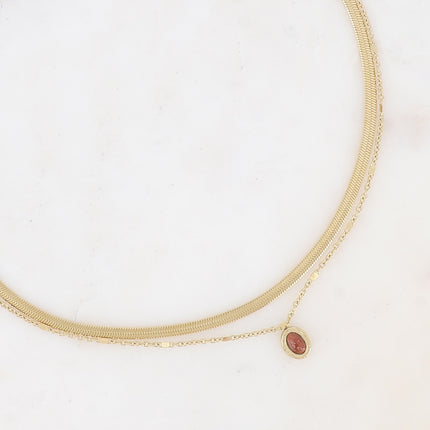 Collier - 2 rangs, maille miroir et forçat, pendentif pierre naturelle ovale