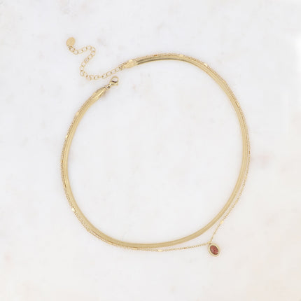 Collier - 2 rangs, maille miroir et forçat, pendentif pierre naturelle ovale
