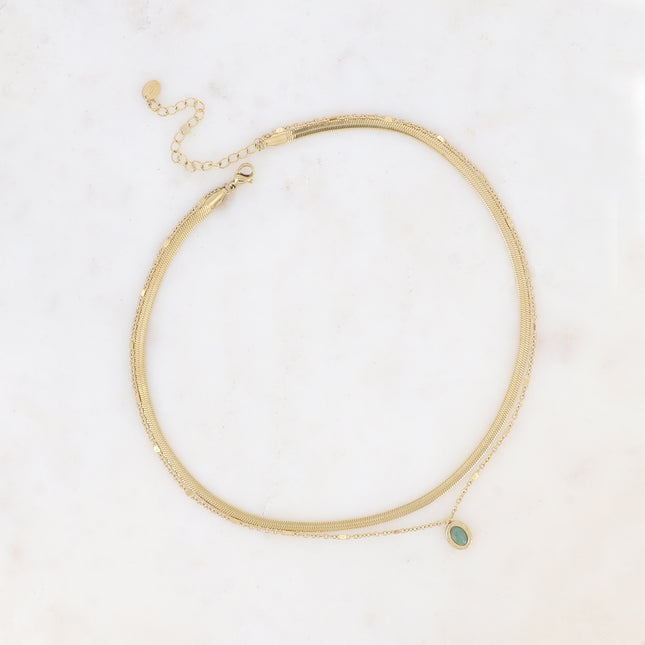 Necklace - 2 strands, mirror and curb chain, oval natural stone pendant