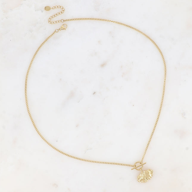 Collier - fine maille gourmette et pendentif fermoir cabillot, feuille de ginko