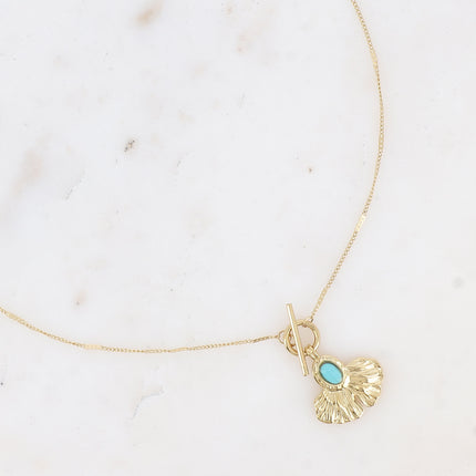 Collier - pendentif fermoir cabillot, feuille de ginko et pierre naturelle ovale