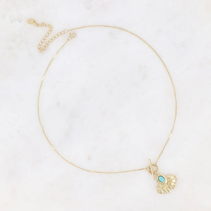Collier - pendentif fermoir cabillot, feuille de ginko et pierre naturelle ovale