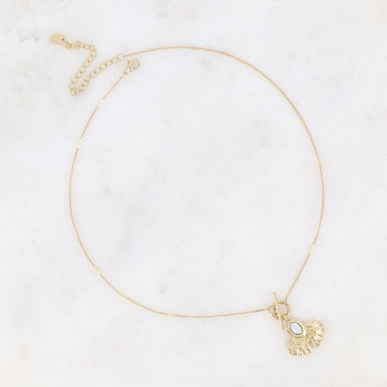 Collier - pendentif fermoir cabillot, feuille de ginko et pierre naturelle ovale