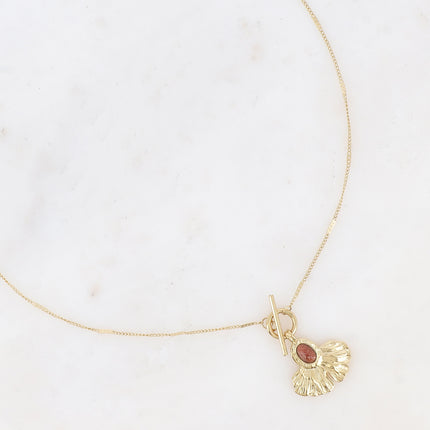 Collier - pendentif fermoir cabillot, feuille de ginko et pierre naturelle ovale