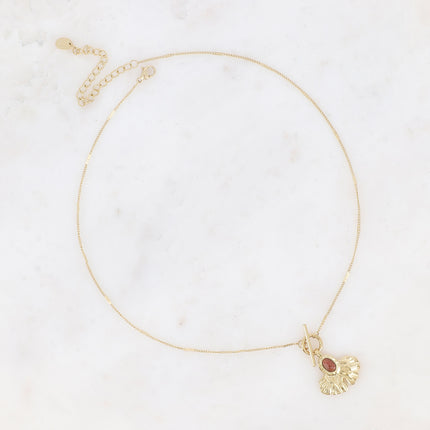 Collier - pendentif fermoir cabillot, feuille de ginko et pierre naturelle ovale