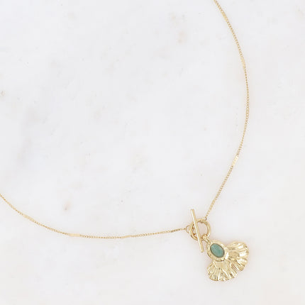 Collier - pendentif fermoir cabillot, feuille de ginko et pierre naturelle ovale