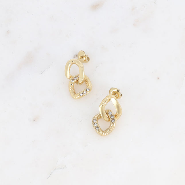 Stud earrings - double diamond-shaped ring, smooth and grooved with zirconium oxides