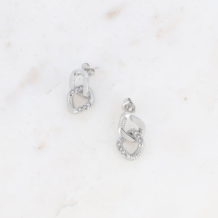 Stud earrings - double diamond-shaped ring, smooth and grooved with zirconium oxides