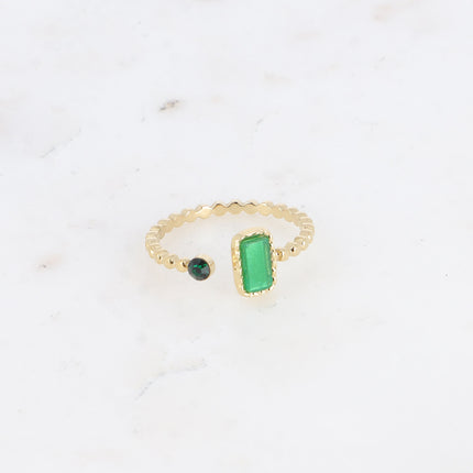 Bague fine - anneau effet perlé, pierre naturelle rectangulaire et cristal rond