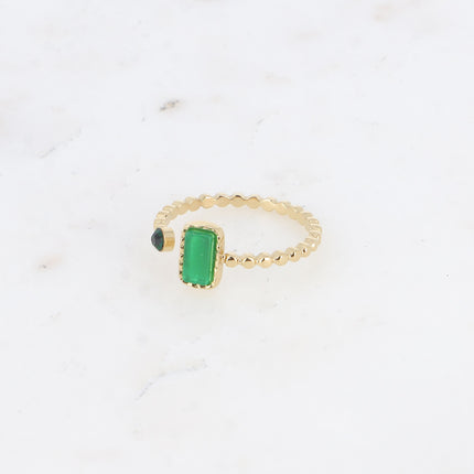 Bague fine - anneau effet perlé, pierre naturelle rectangulaire et cristal rond