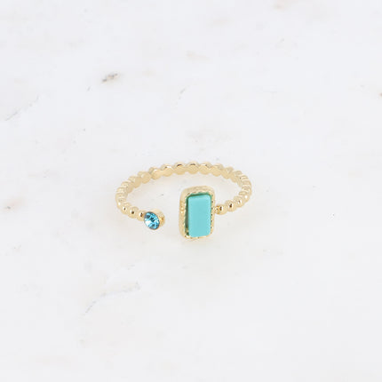 Bague fine - anneau effet perlé, pierre naturelle rectangulaire et cristal rond