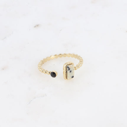 Bague fine - anneau effet perlé, pierre naturelle rectangulaire et cristal rond