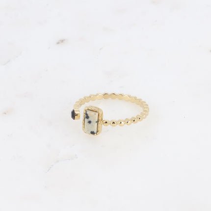 Bague fine - anneau effet perlé, pierre naturelle rectangulaire et cristal rond