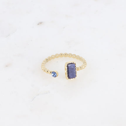 Bague fine - anneau effet perlé, pierre naturelle rectangulaire et cristal rond
