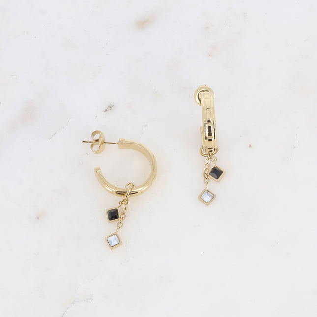 Creole earrings - ribbed with dangling chains and diamond-shaped crystals