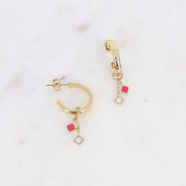 Creole earrings - ribbed with dangling chains and diamond-shaped crystals