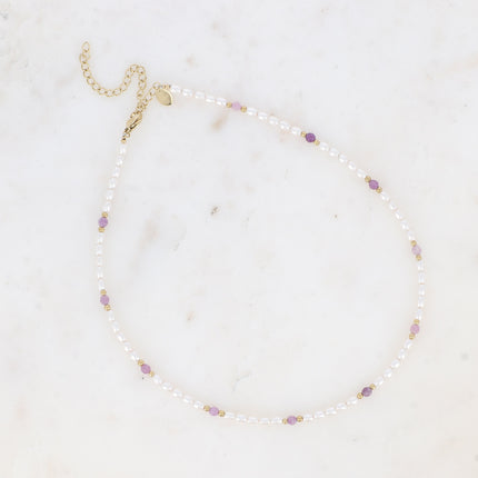Collier Harmonie - ras de cou, pierres naturelles et perles de résine blanche