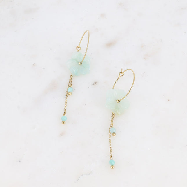 Joannie Creole earrings - natural stone flower and dangling chains with natural stone