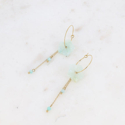 Joannie Creole earrings - natural stone flower and dangling chains with natural stone