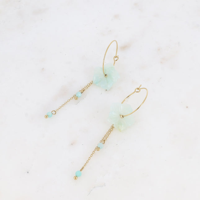 Joannie Creole earrings - natural stone flower and dangling chains with natural stone