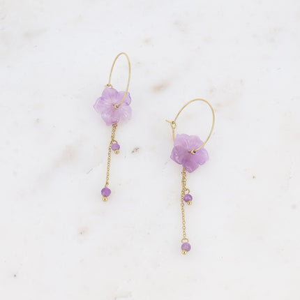 Joannie Creole earrings - natural stone flower and dangling chains with natural stone