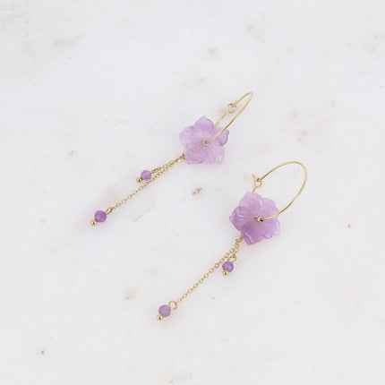 Joannie Creole earrings - natural stone flower and dangling chains with natural stone