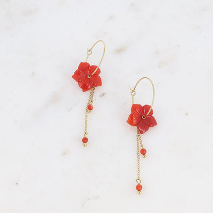 Joannie Creole earrings - natural stone flower and dangling chains with natural stone