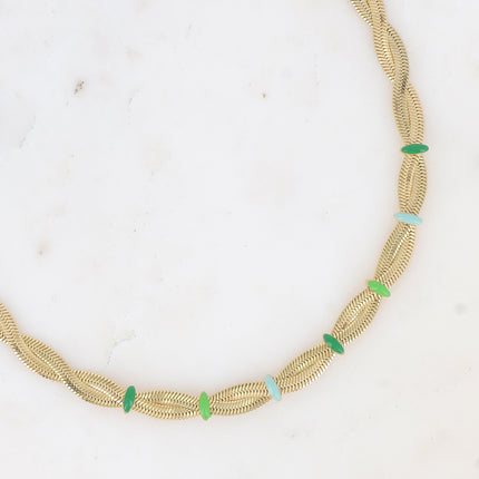 Collier - maille miroir effet entrelacé par des anneaux en émail