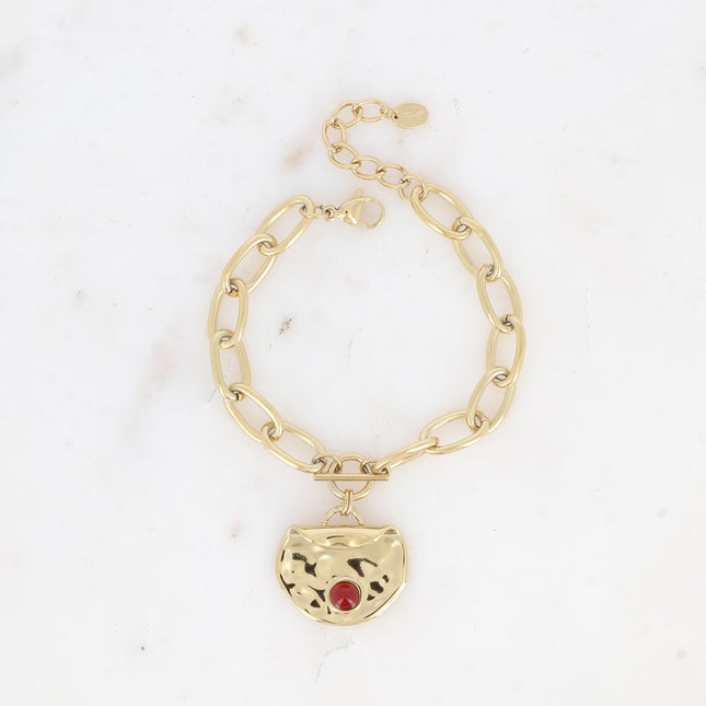 Bracelet - oval links, round hammered pendant with natural stone