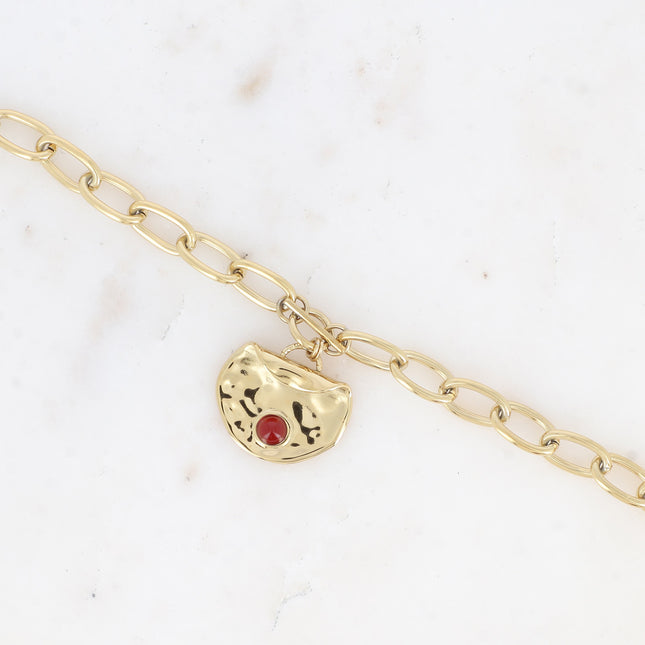 Bracelet - oval links, round hammered pendant with natural stone