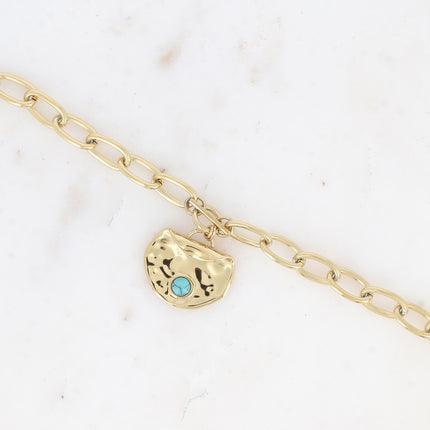 Bracelet - maillons ovales, pendentif rond recourbé et martelé avec pierre naturelle