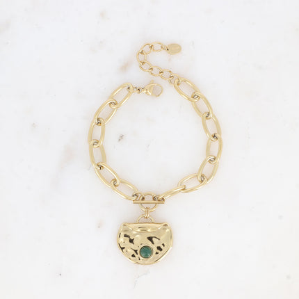 Bracelet - maillons ovales, pendentif rond recourbé et martelé avec pierre naturelle