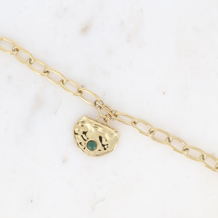 Bracelet - maillons ovales, pendentif rond recourbé et martelé avec pierre naturelle