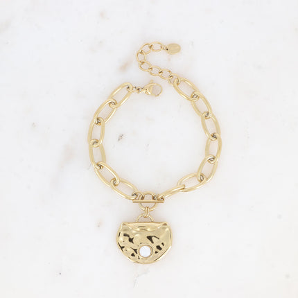 Bracelet - maillons ovales, pendentif rond recourbé et martelé avec pierre naturelle