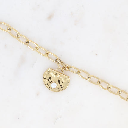 Bracelet - maillons ovales, pendentif rond recourbé et martelé avec pierre naturelle