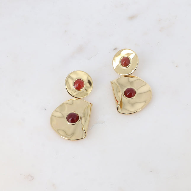 Dangle earrings - double round piece, curved and hammered with natural stone
