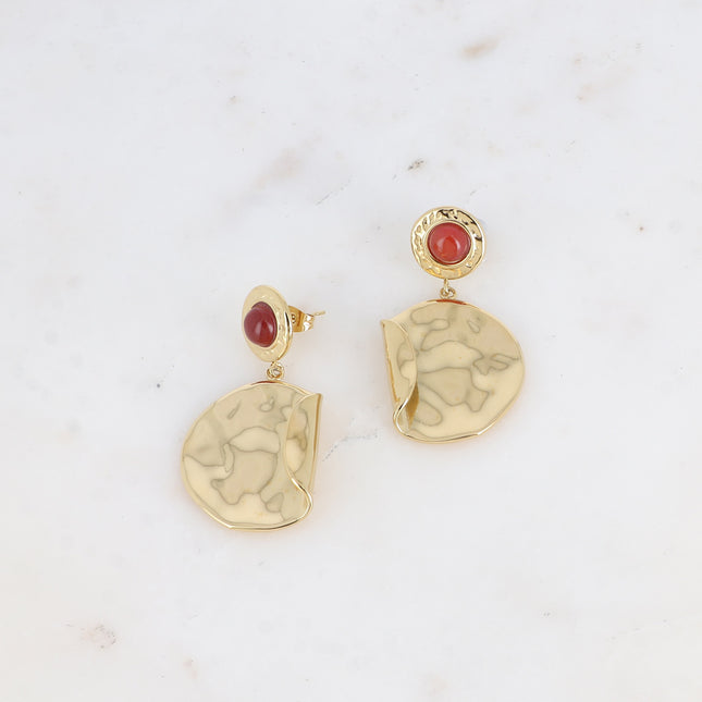 Dangle earrings - natural stone and round, hammered piece