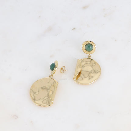 Dangle earrings - natural stone and round, hammered piece