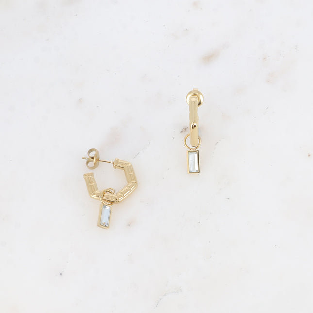 Creole earrings - ribbed with rectangular crystal