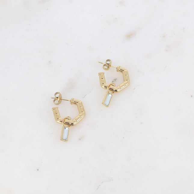 Creole earrings - ribbed with rectangular crystal