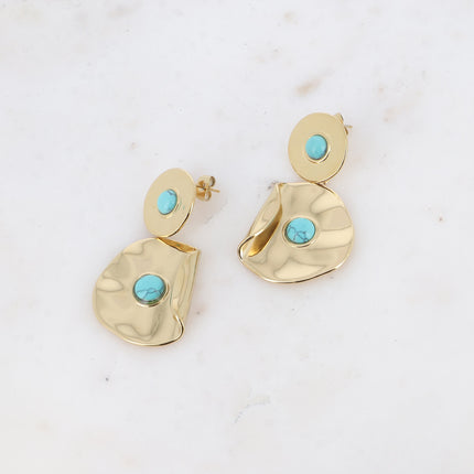 Boucles pendantes - double pièce ronde recourbée et martelée avec pierre naturelle