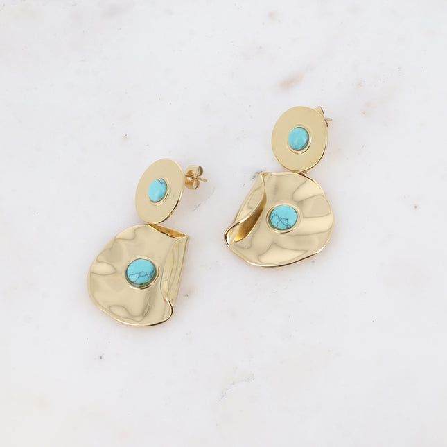 Dangle earrings - double round piece, curved and hammered with natural stone